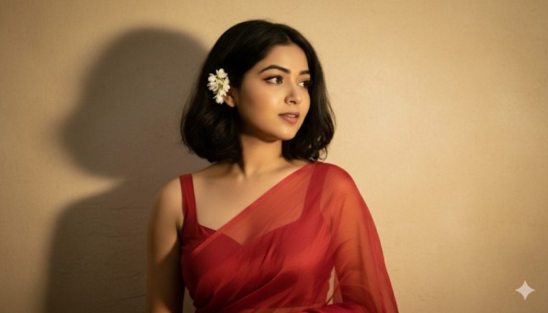 ফুল ও লাল শাড়ি তরুণী