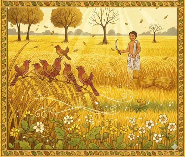 সোনালি ধান মাঠ গ্রাম আঁকা ছবি