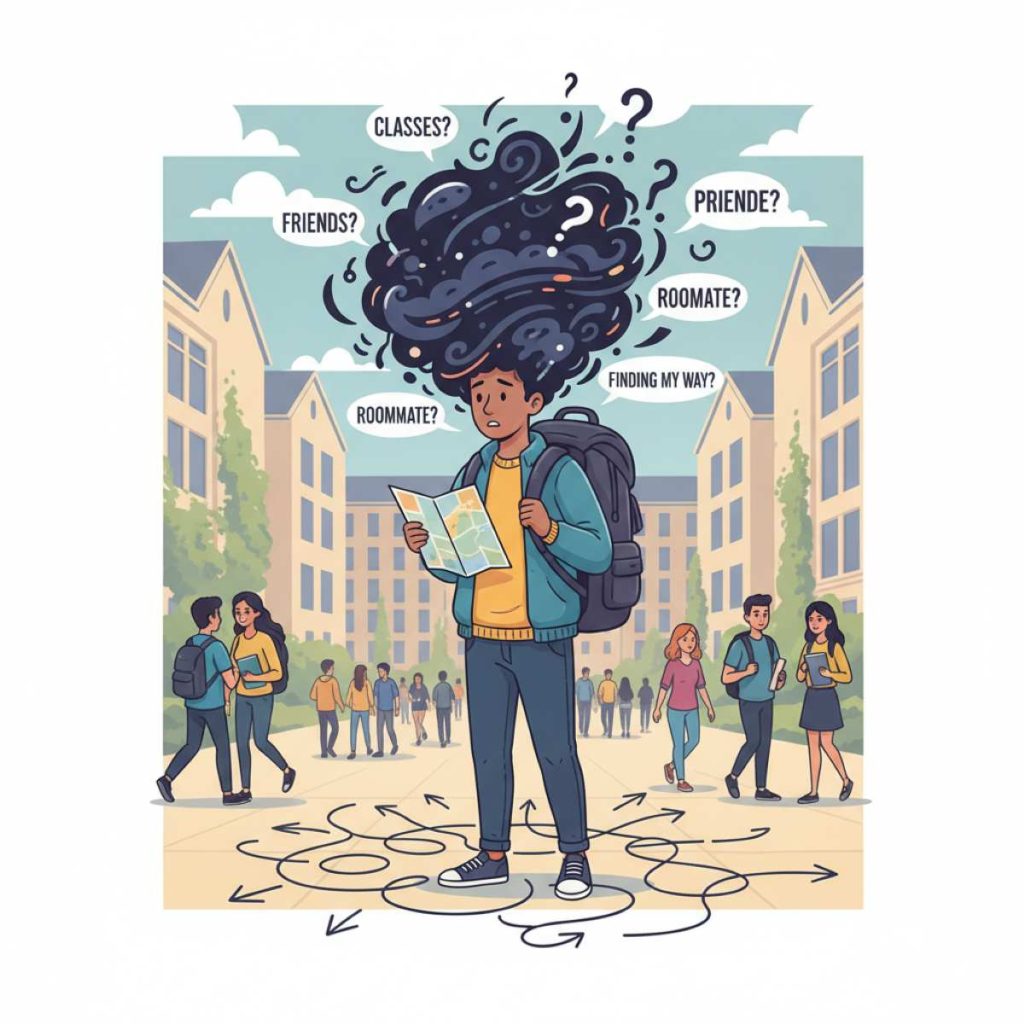 new in campus illustration cartoon showing a confused student