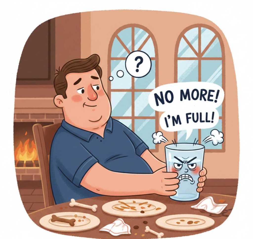 taking water right after meal is good or bad a cartoon