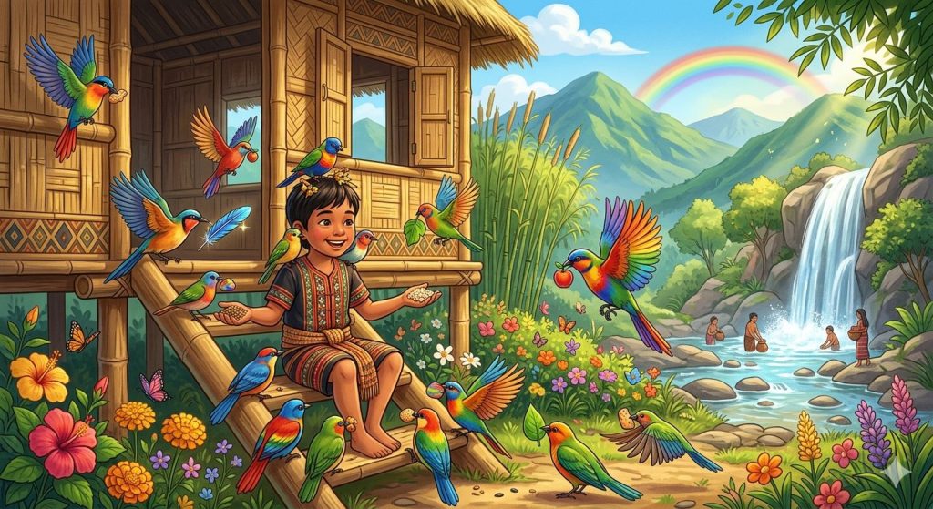 A vibrant illustration showing a joyful Indigenous boy sitting on stilt-house steps, surrounded by multi-colored birds perched on him and flying. The boy holds seeds in his hands. The background features a traditional bamboo house, a lush floral garden, a waterfall and mountain river with people bathing, and a rainbow in a blue sky.