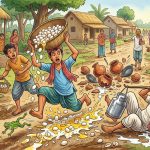 A vibrant, comic-style illustration of a chaotic scene on a rural village path. A young man in traditional attire jumps in shock from a small green frog at his feet, causing a large basket of eggs to fall from his head and shatter on the ground. The mess has caused a milkman to slip and spill his milk containers, while several clay pots lie broken nearby. Surrounding villagers point and scold him with angry and shocked expressions amidst the "egg fiasco."